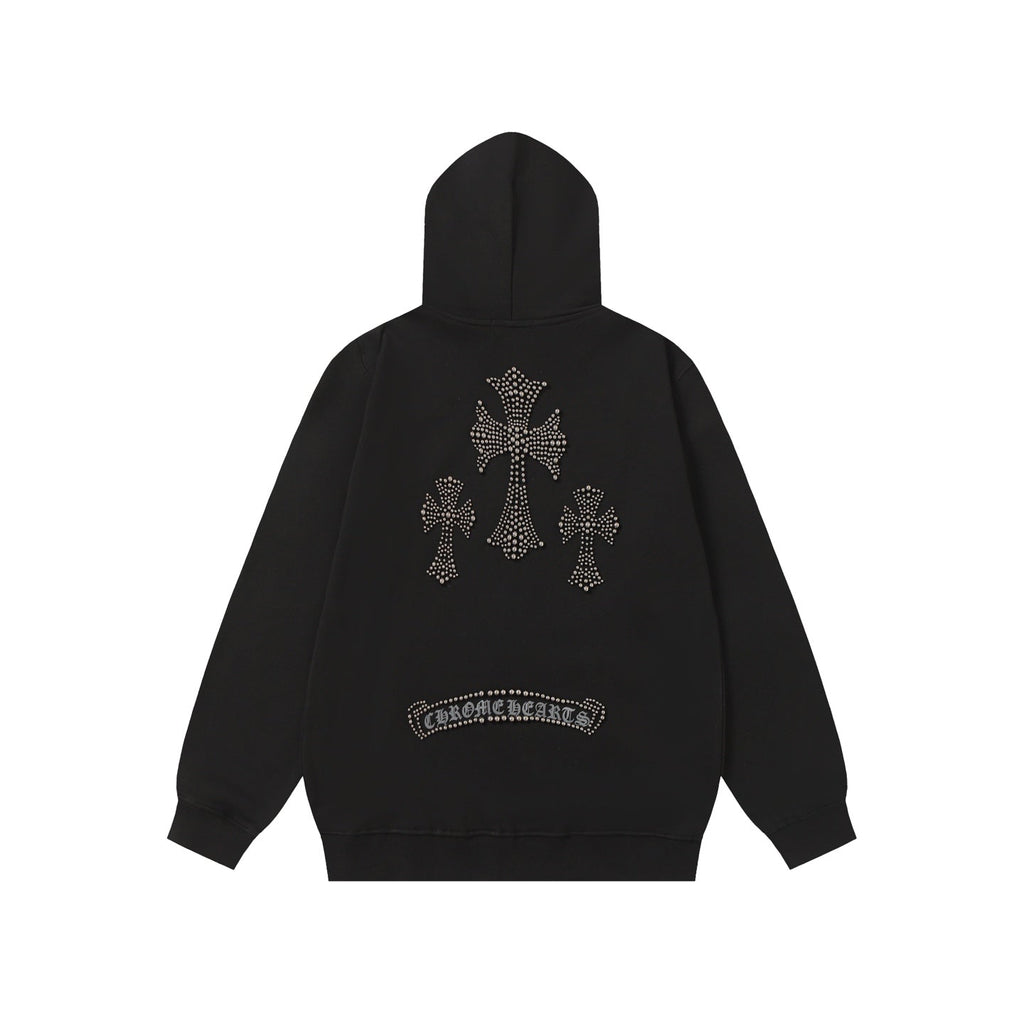 Chrome Hearts Rhinestone Cross Hoodie - Black Gothic Streetwear 2633