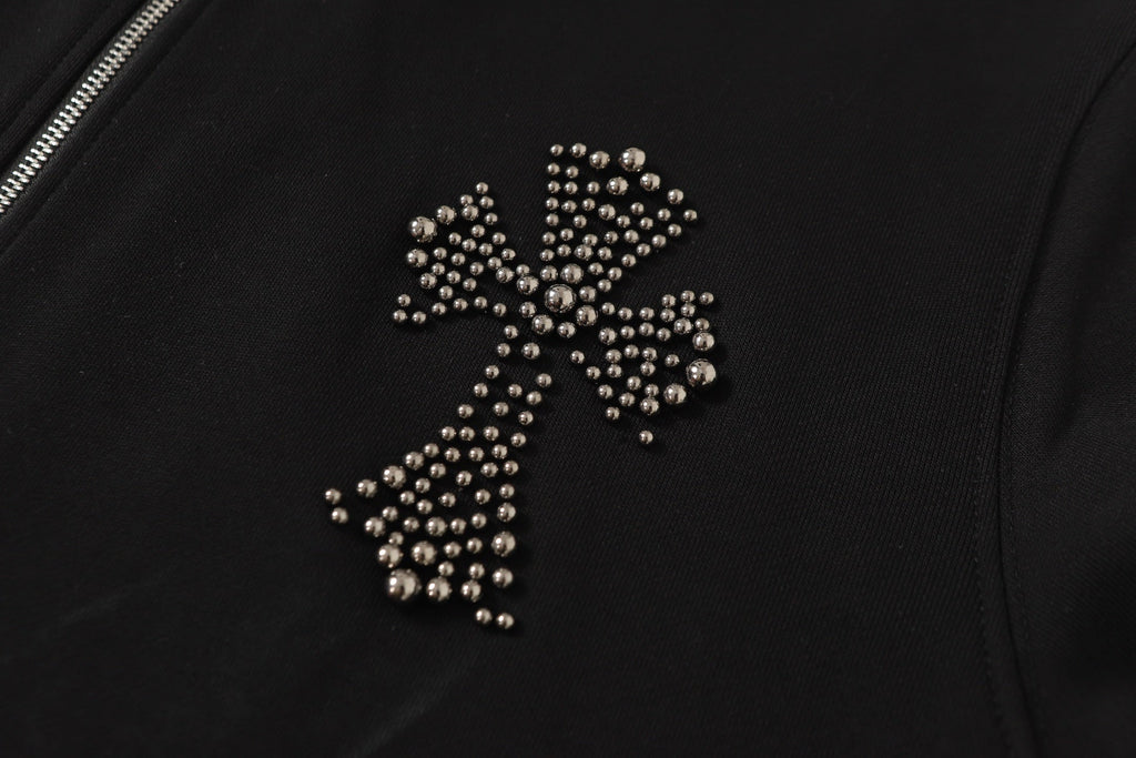 Chrome Hearts Rhinestone Cross Hoodie - Black Gothic Streetwear 2633