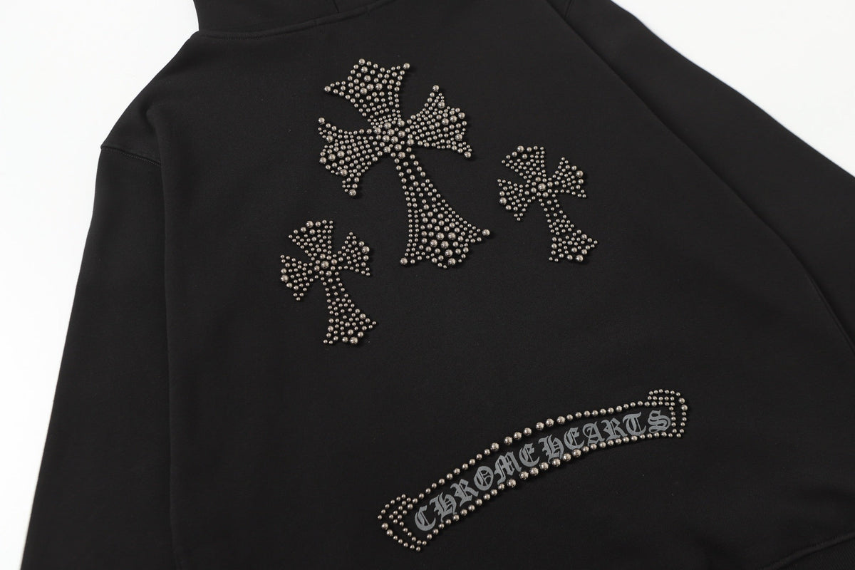 Chrome Hearts Rhinestone Cross Hoodie - Black Gothic Streetwear 2633